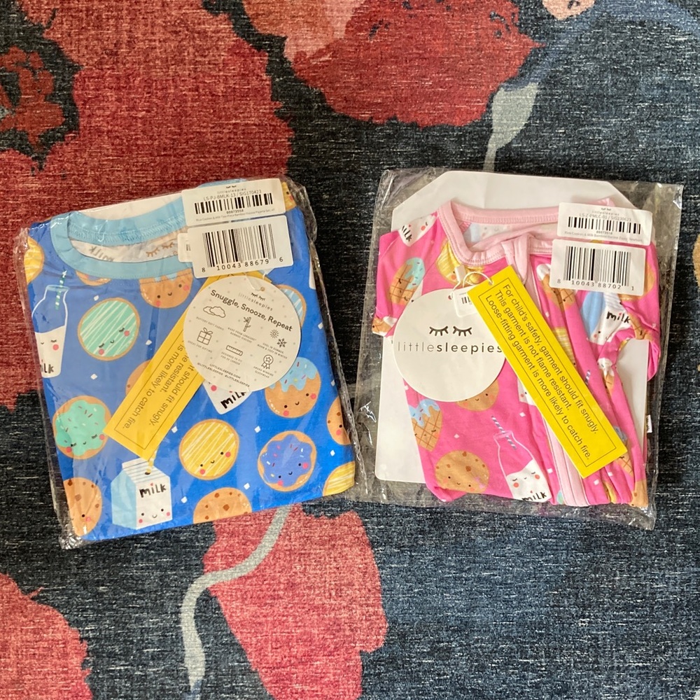 Little Sleepies New with Tags cookies and milk 4T and newborn pajama sets